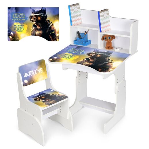 Дитяча регульована парта зі стільцем розтишка N 2071-2-1 "Кіт Воїн" англ та укр абетка, біла