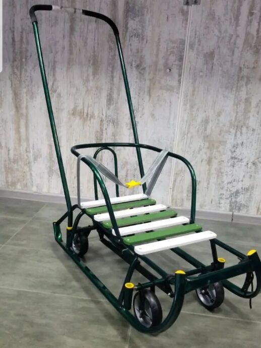 Санки трансформер дитячі Тимко-6 з висувними колесами і батьківською ручкою зелені