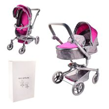 Коляска трансформер для ляльки 9695-Rose Лялькова коляска з поворотними колесами та багажної кошиком рожева