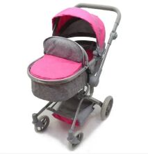 Коляска трансформер для ляльки 9695-Rose Лялькова коляска з поворотними колесами та багажної кошиком рожева