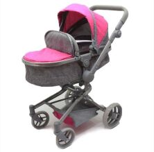 Коляска трансформер для ляльки 9695-Rose Лялькова коляска з поворотними колесами та багажної кошиком рожева