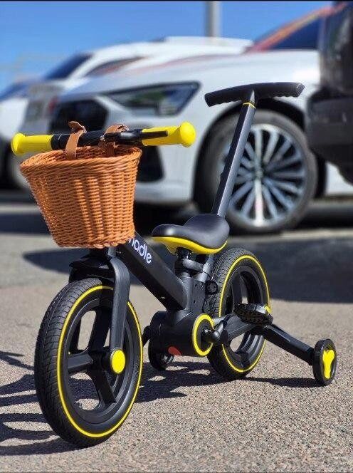 Дитячий велосипед-беговел-трансформер Nadle S-900 з батьківською ручкою та переднім кошиком чорно-жовтий