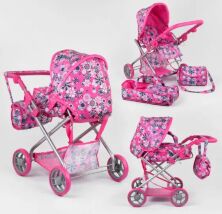 Коляска металева для ляльок 9379 Лялькова коляска-трансформер з люлькою-переноскою та сумкою / 3 види