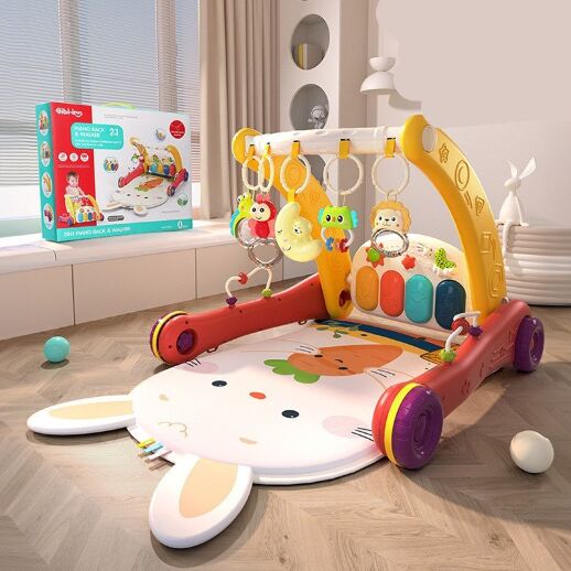 Дитячі ходунки-штовхач 2в1 6016 Ігровий килимок з піаніно, звуком, підсвічуванням, проектором та ін.