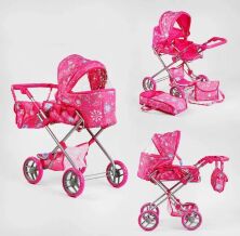Коляска-трансформер для ляльки 9333 Лялькова коляска з сумкою-перенесенням та багажної кошиком рожева