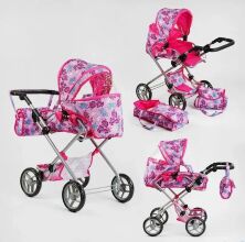 Коляска-трансформер для ляльки 9333 Лялькова коляска з сумкою-перенесенням та багажної кошиком рожева