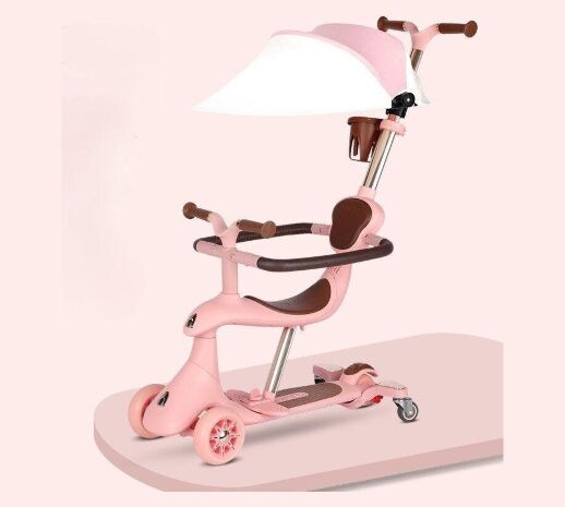 Дитячий складний самокат-трансформер 4в1 Maraton M7-10 з батьківською ручкою, дека, що світиться, рожевий