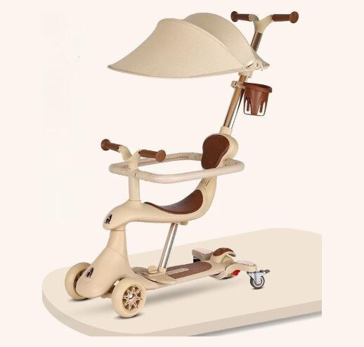 Дитячий складний самокат-трансформер 4в1 Maraton M7-10 з батьківською ручкою, дека, що світиться, бежевий