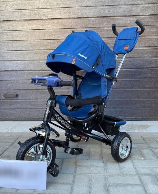 Дитячий велосипед-коляска триколісна TILLY STORM T-349/2 з фарою на кермі і російськими мелодіями / колір синій