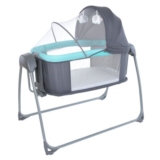 Дитяче Приставне Ліжечко люлька-гойдалка з москітною сіткою 3в1 8903 з таймером та музикою / темно-сіра