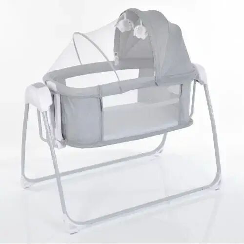 Дитяче Приставне Ліжечко люлька-гойдалка з москітною сіткою 3в1 8901 з таймером та музикою / сірий льон