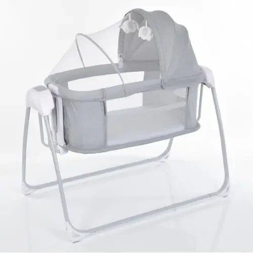 Дитяче Приставне Ліжечко люлька-гойдалка з москітною сіткою 3в1 8901 з таймером та музикою / сірий льон