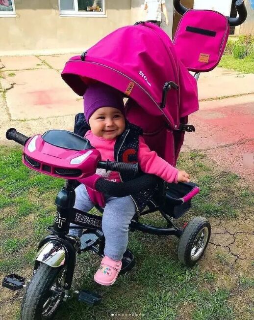 Дитячий велосипед-коляска триколісна TILLY STORM T-349/2 з фарою на кермі і російськими мелодіями / колір фіолет