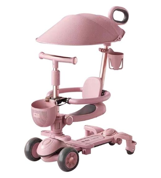 Дитячий складний самокат-трансформер 4в1 Maraton 8028 з батьківською ручкою, кошиком, рожевий