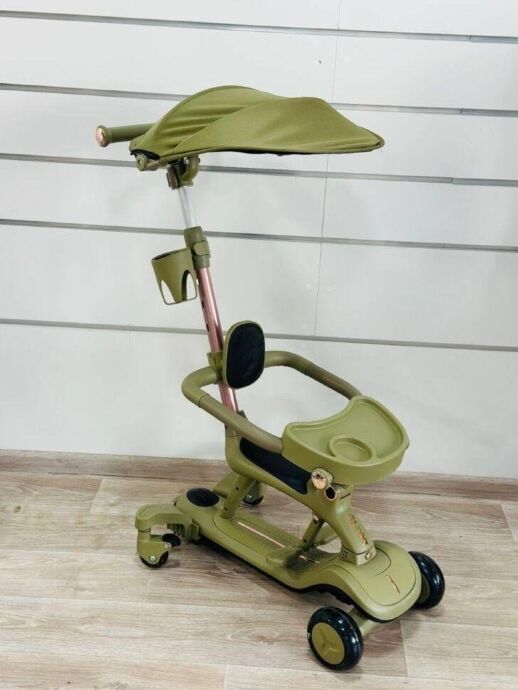 Дитячий самокат-біговел трансформер 4в1 Maraton X2 з батьківською ручкою та козирком оливковий