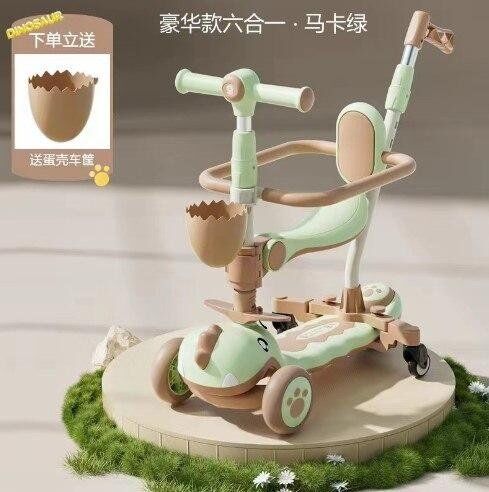 Самокат 5 в 1 Dino оливковий (з батьківською ручкою та бортиком, доповн. колеса, музика, підсвічування платформи)