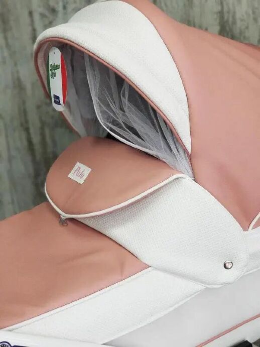 Коляска дитяча класична універсальна 2 в 1 POLO екокожа рожева біла жовта червоно-біла