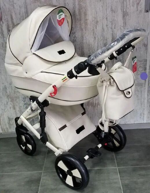 Коляска дитяча класична універсальна 2 в 1 POLO екокожа рожева біла жовта червоно-біла