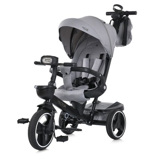 Дитячий велосипед-коляска триколісний EL CAMINO ME 1162 VECTOR з ручкою, фарою та дощовиком, сіра