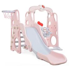 Дитяча пластикова гірка-гойдалка BAMBI HK5018-2B Hello Kitty з баскетбольним кільцем / рожево-сіра**