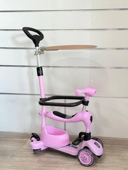 Дитячий складний самокат трансформер 3в1 Maraton K619G з батьківською ручкою та козирком рожевий