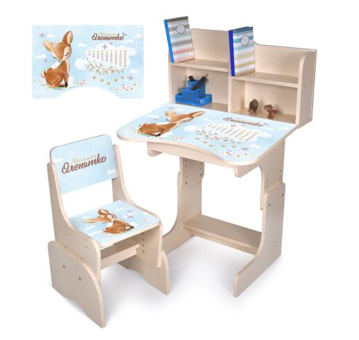 Дитяча регульована парта зі стільцем розтишка N 2071-16-2 "Оленя" таблиця множення,венге світлий