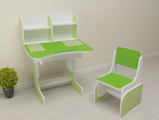 Дитяча регульована парта зі стільчиком Растишка Bambi 007 "Алфавіт і Таблиця множення" салатово-біла