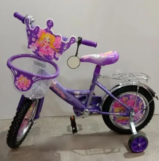 Велосипед дитячий двоколісний Azimut Принцеса Princess для дівчинки / колеса 14 дюймів / з кошиком фіолет