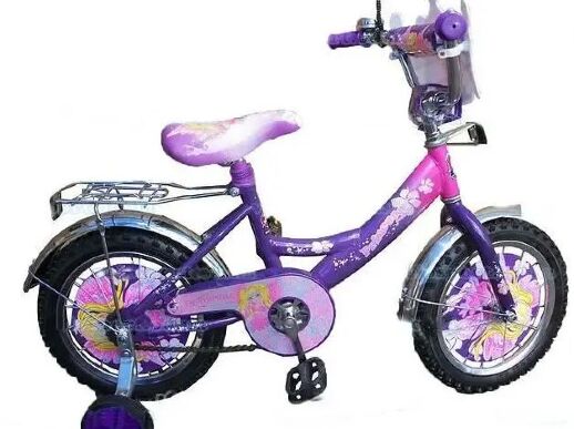Велосипед дитячий двоколісний Azimut Принцеса Princess для дівчинки / колеса 14 дюймів / з кошиком фіолет