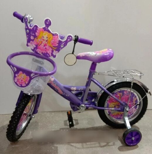 Велосипед дитячий двоколісний Azimut Принцеса Princess для дівчинки / колеса 14 дюймів / з кошиком фіолет