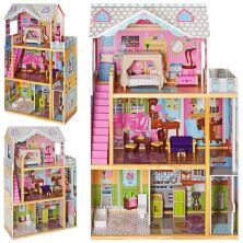 Триповерховий будиночок для ляльок з меблями MD 2252 дерев'яна іграшка
