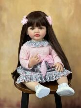 Велика вінілова лялька ручної роботи Reborn Baby Doll зі справжнім довгим волоссям та великими очима