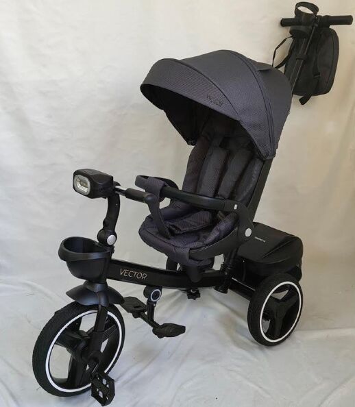 Дитячий велосипед-коляска триколісний EL CAMINO ME 1162 VECTOR з ручкою, фарою та дощовиком, графітовий