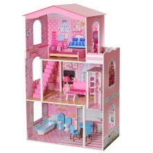 Дерев'яний триповерховий будиночок для ляльок Bambi MD 2413 Ляльковий з меблями / рожевий**