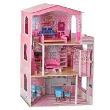 Дерев'яний триповерховий будиночок для ляльок Bambi MD 2413 Ляльковий з меблями / рожевий**