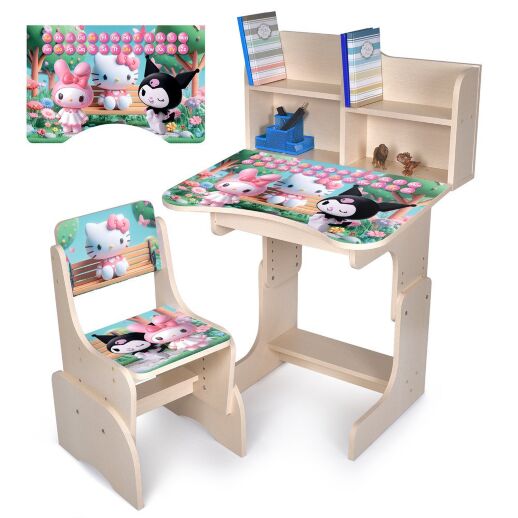 Дитяча регульована парта зі стільцем розтишка N 2071-19B-1 "Hello Kitty" англійська абетка, венге світлий