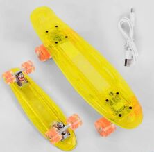 Скейт Пенні борд Best Board S-50244 прозора дека зі світлом/колеса ПУ зі світлом/заряджання USB/жовтий