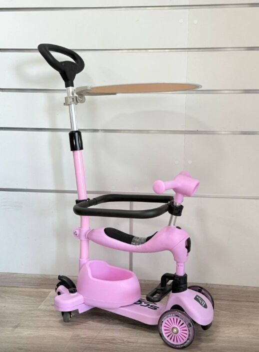 Дитячий триколісний самокат трансформер Maraton 3в1 K619 з батьківською ручкою, бампером, фарою, рожевий