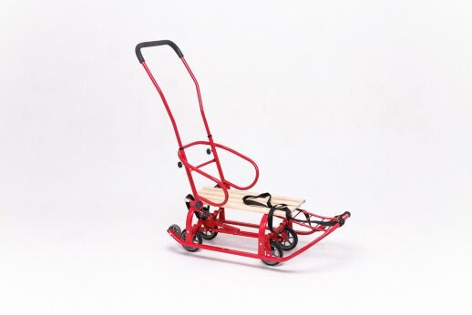 Санки дитячі Патріот з механізмом висувних колісних шасі та батьківською ручкою червоні