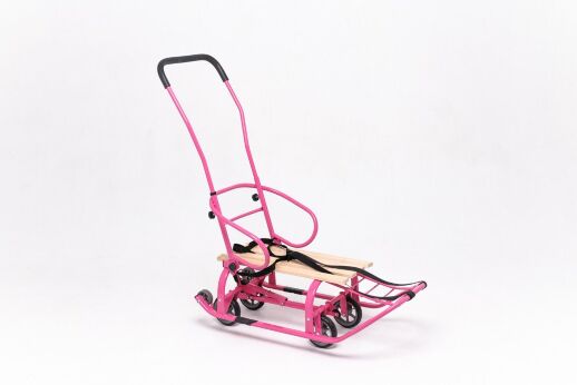 Санки дитячі Патріот з механізмом висувних колісних шасі та батьківською ручкою рожеві