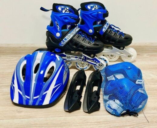 Дитячий набір Combo 2в1 ролики та ковзани для хлопчика із захистом та шоломом Ice M (35-38) сині