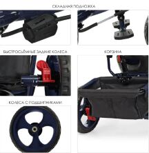 Велосипед-коляска дитячий триколісний Єва колеса Turbo Trike M 3113-11L з батьківською ручкою темно-синій льон