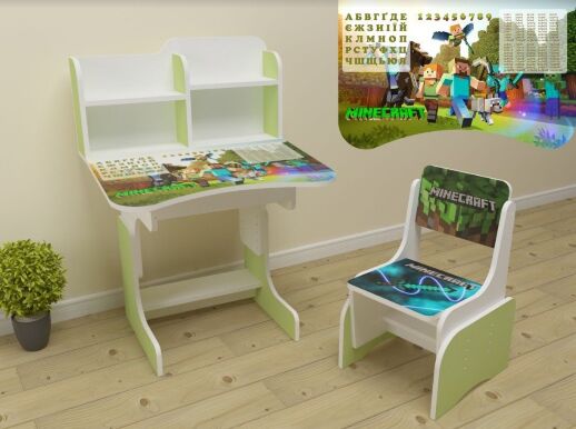 Дитяча парта регульована растишка зі стільчиком для хлопчика від 2 років ЛДСП ПШ 050 Майнкрафт салатова