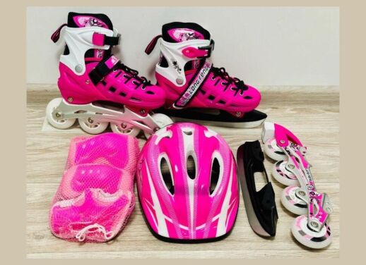 Дитячий набір Combo 2в1 ролики та ковзани для дівчинки із захистом та шоломом рожеві Ice S (31-34)