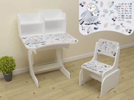 Дитяча парта регульована растишка зі стільчиком для дівчинки від 2 років до 14 років ЛДСП ПШ 077 Сови біла