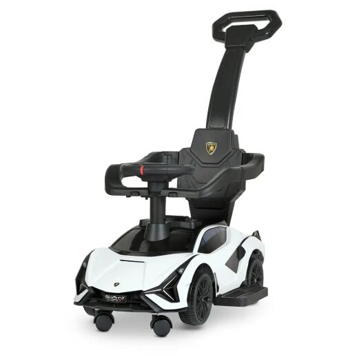 Детская каталка-толокар Машинка 2в1 M 5007-1 Lamborghini с родительской ручкой и бампером Музыка свет / Белая
