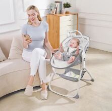 Дитяча люлька-качалка 6в1 8461 Шезлонг + Стільчик + Люлька-переноска / регулюється по висоті / льон м'ятний**