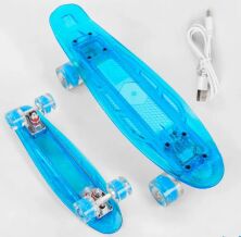 Скейт Пенні борд Best Board S-20855 прозора дека зі світлом / колеса ПУ зі світлом / зарядка USB / блакитний
