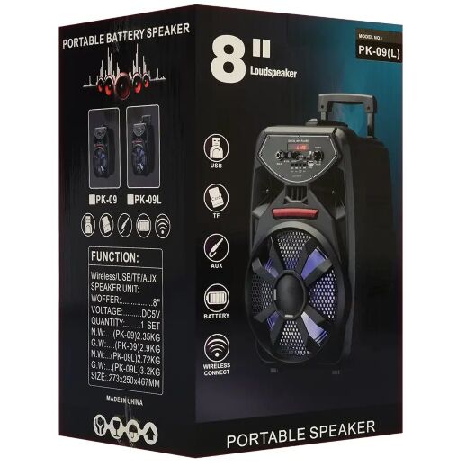 Колонка музична 8 дюймів PK-09L на акумуляторі / пульт та мікрофон / TFслот Bluetooth FM MP3 на колесах