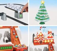 Залізниця Новорічний експрес 21816 чотири вагони і станція з музикою і світлом**